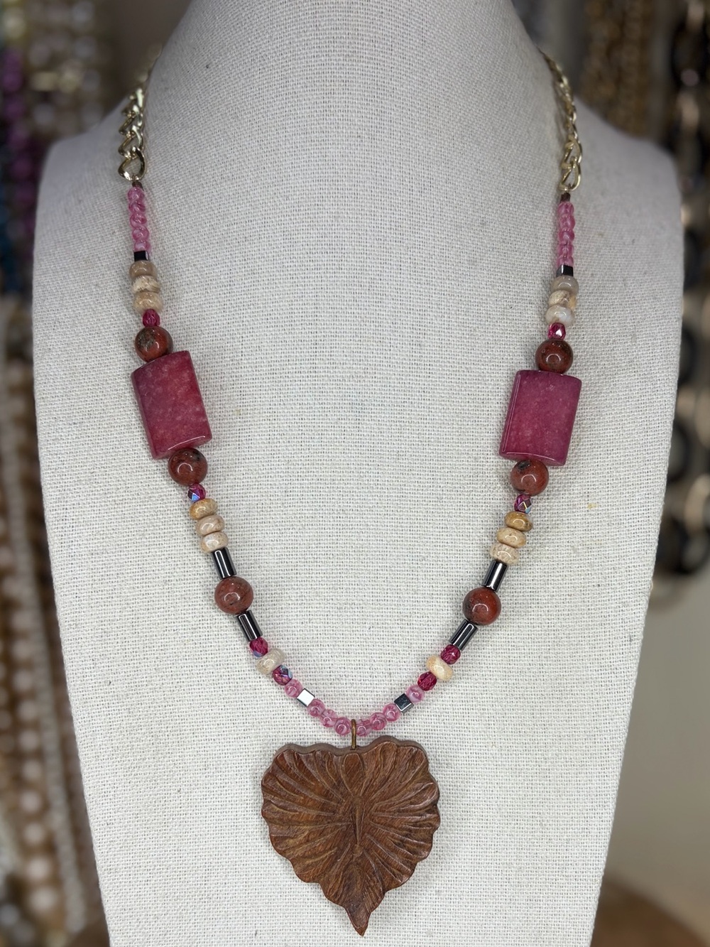 Raspberry Quartz Stone Necklace Carved Wood Heart Pendant Pink Jewelry